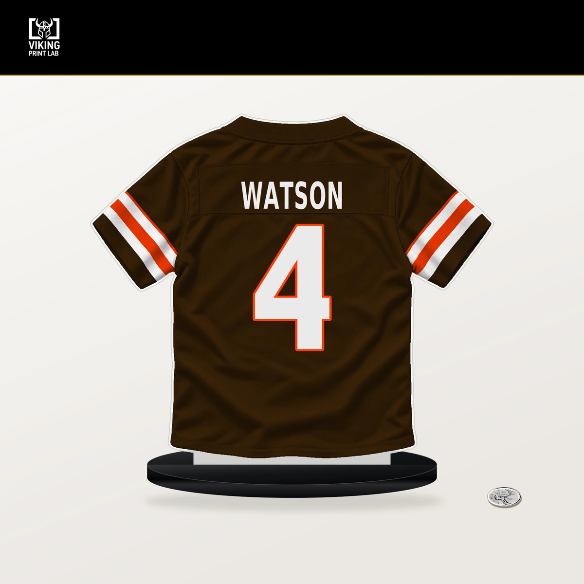 Deshaun Watson number 4 Cleveland Browns jersey stand with included black base.