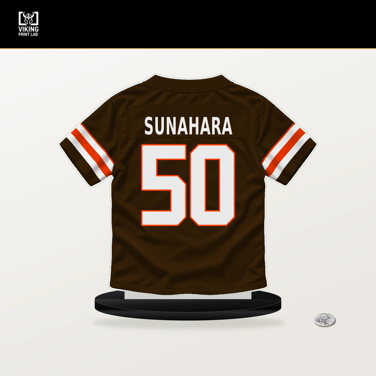 Rex Sunahara number 50 Cleveland Browns jersey stand with included black base.