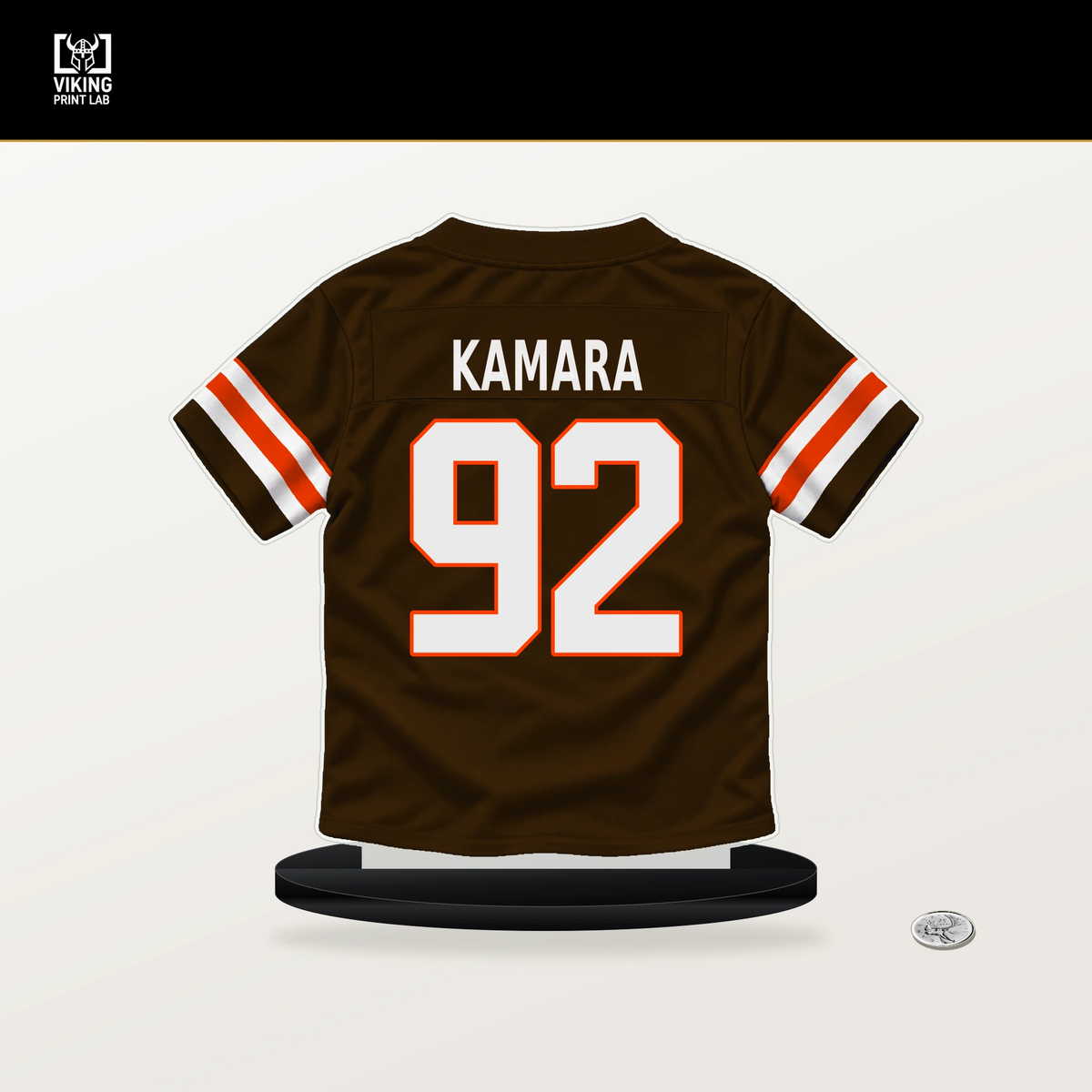 Sam Kamara number 92 Cleveland Browns jersey stand with included black base.