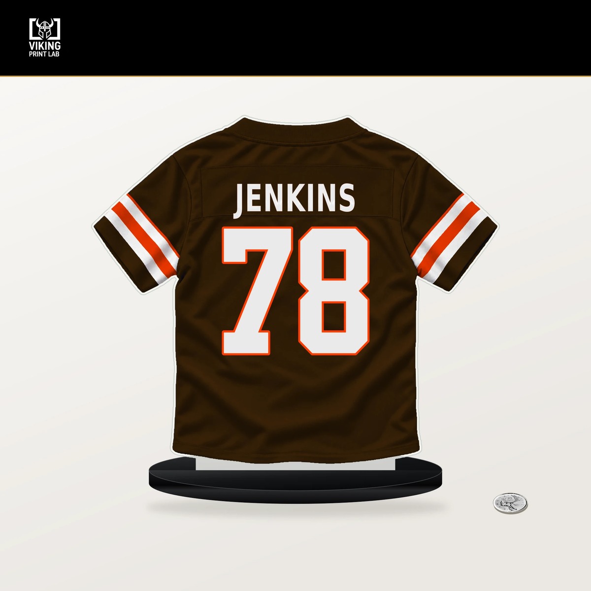 Teven Jenkins number 78 Cleveland Browns jersey stand with included black base.
