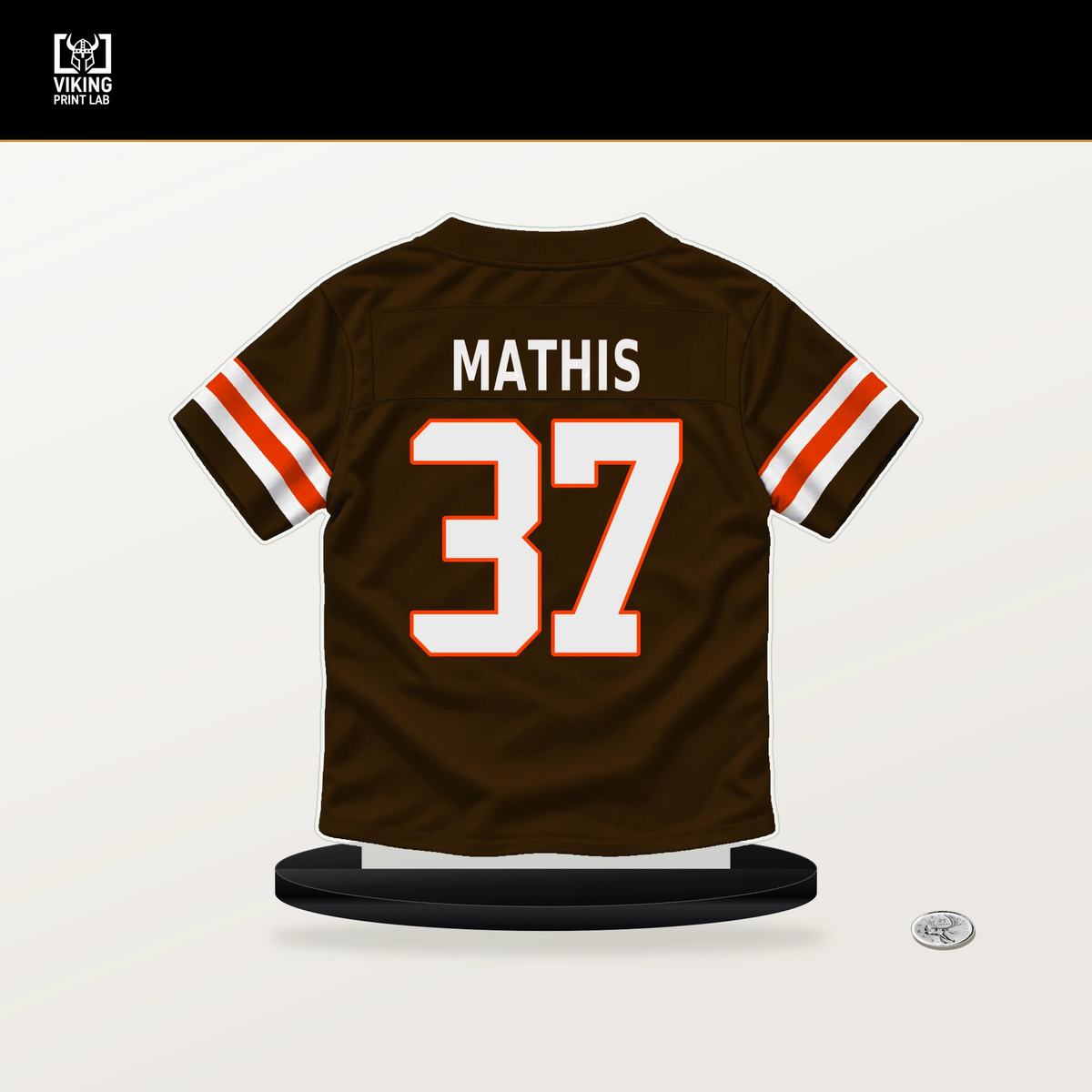 Damarri Mathis number 37 Cleveland Browns jersey stand with included black base.