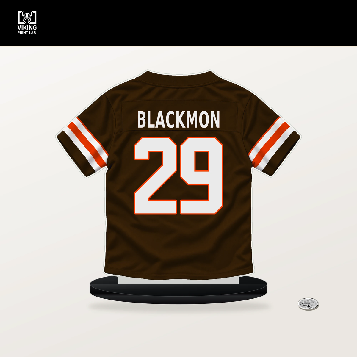 Mekhi Blackmon number 29 Cleveland Browns jersey stand with included black base.