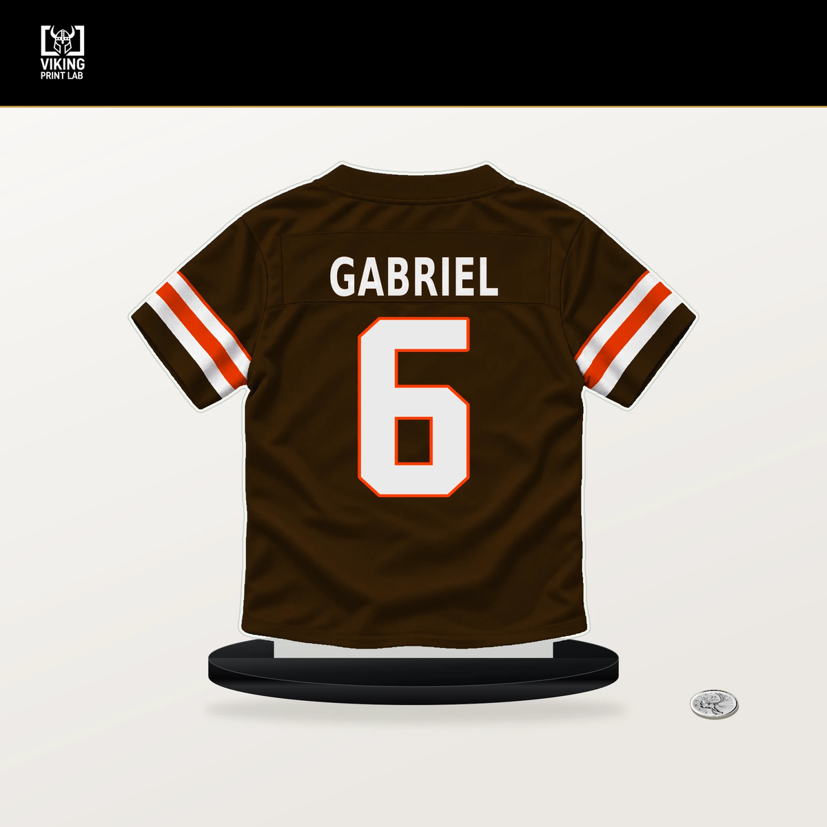 Dillon Gabriel number 6 Cleveland Browns jersey stand with included black base.