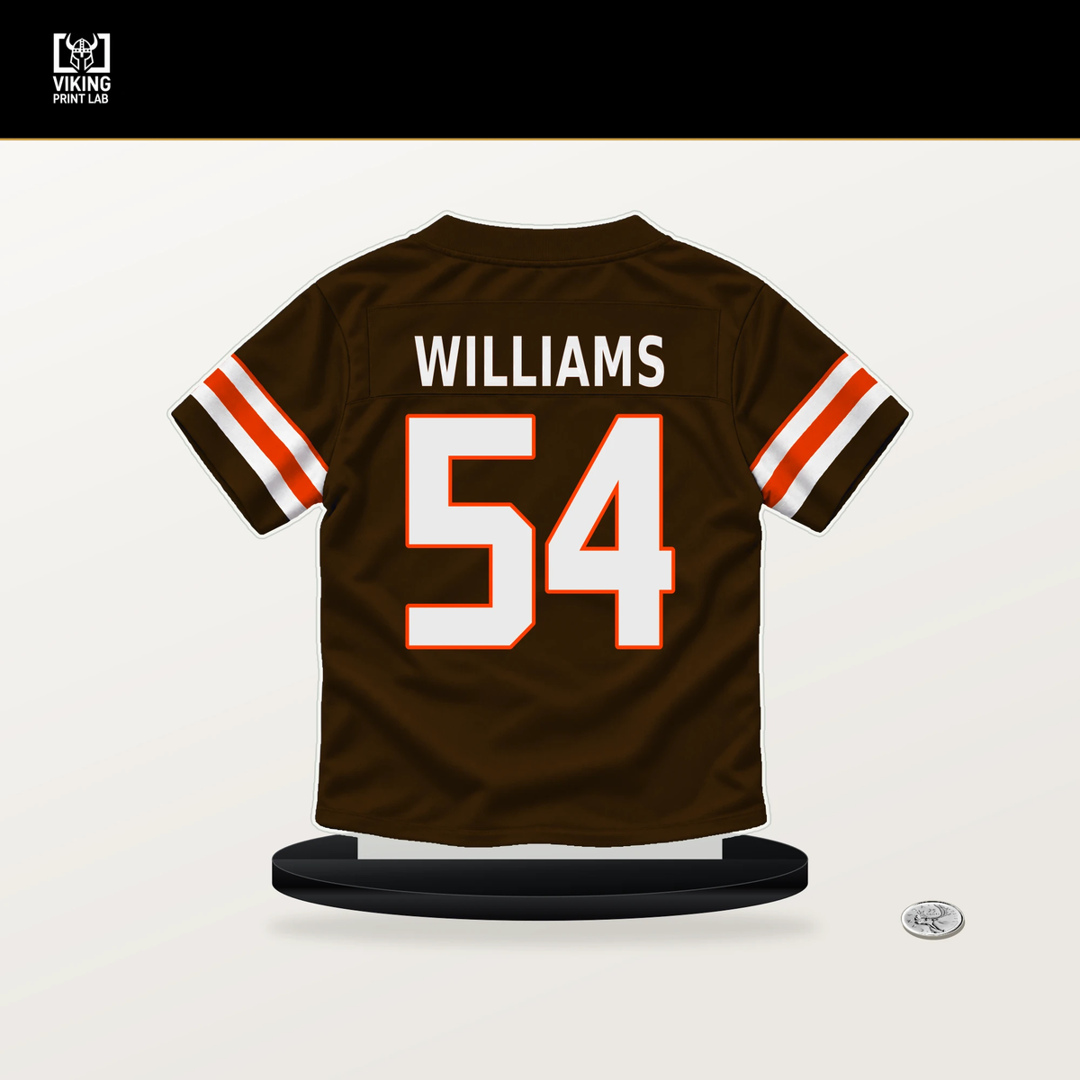 Sam Williams number 54 Cleveland Browns jersey stand with included black base.