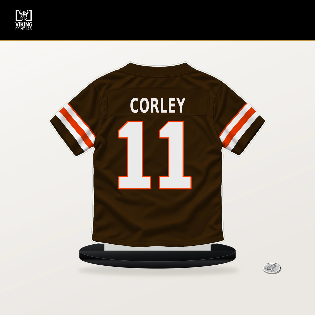 Malachi Corley number 11 Cleveland Browns jersey stand with included black base.