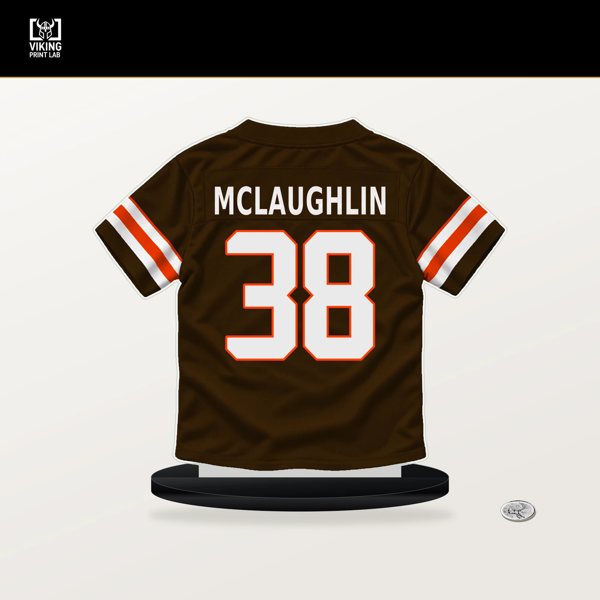 Jaleel McLaughlin number 38 Cleveland Browns jersey stand with included black base.