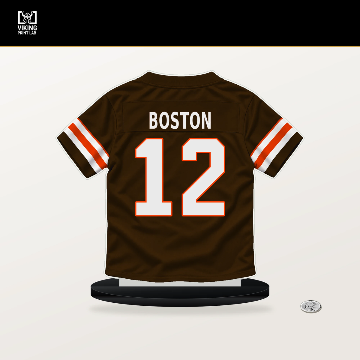 Denzel Boston number 12 Cleveland Browns jersey stand with included black base.