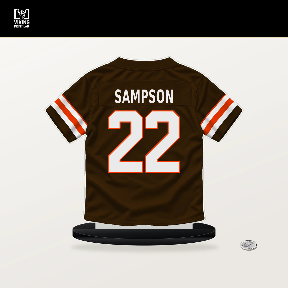 Dylan Sampson number 22 Cleveland Browns jersey stand with included black base.