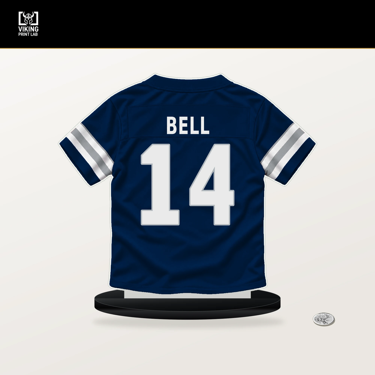 Markquese Bell number 14 Dallas Cowboys jersey stand with included black base.