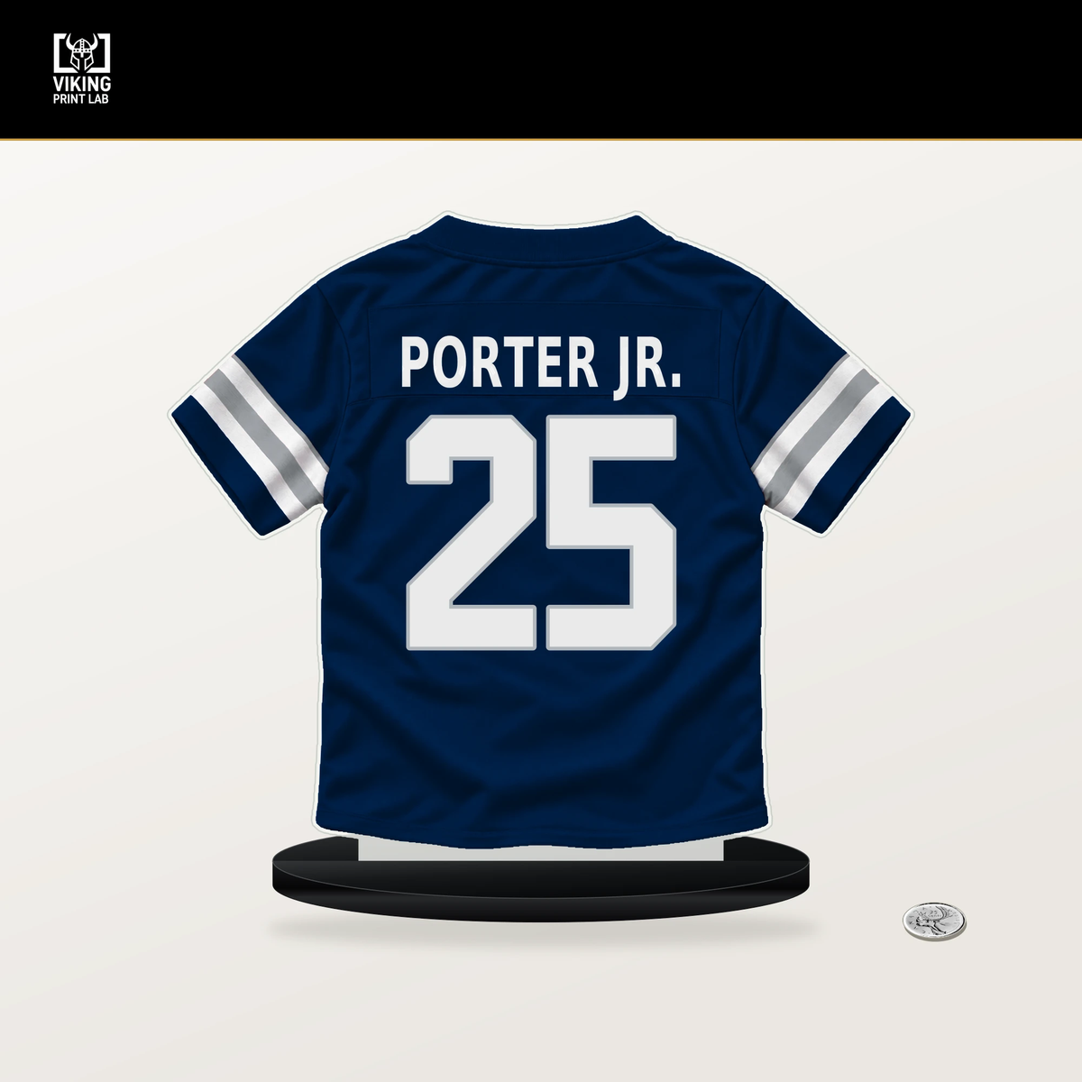 Joey Porter Jr. number 25 Dallas Cowboys jersey stand with included black base.