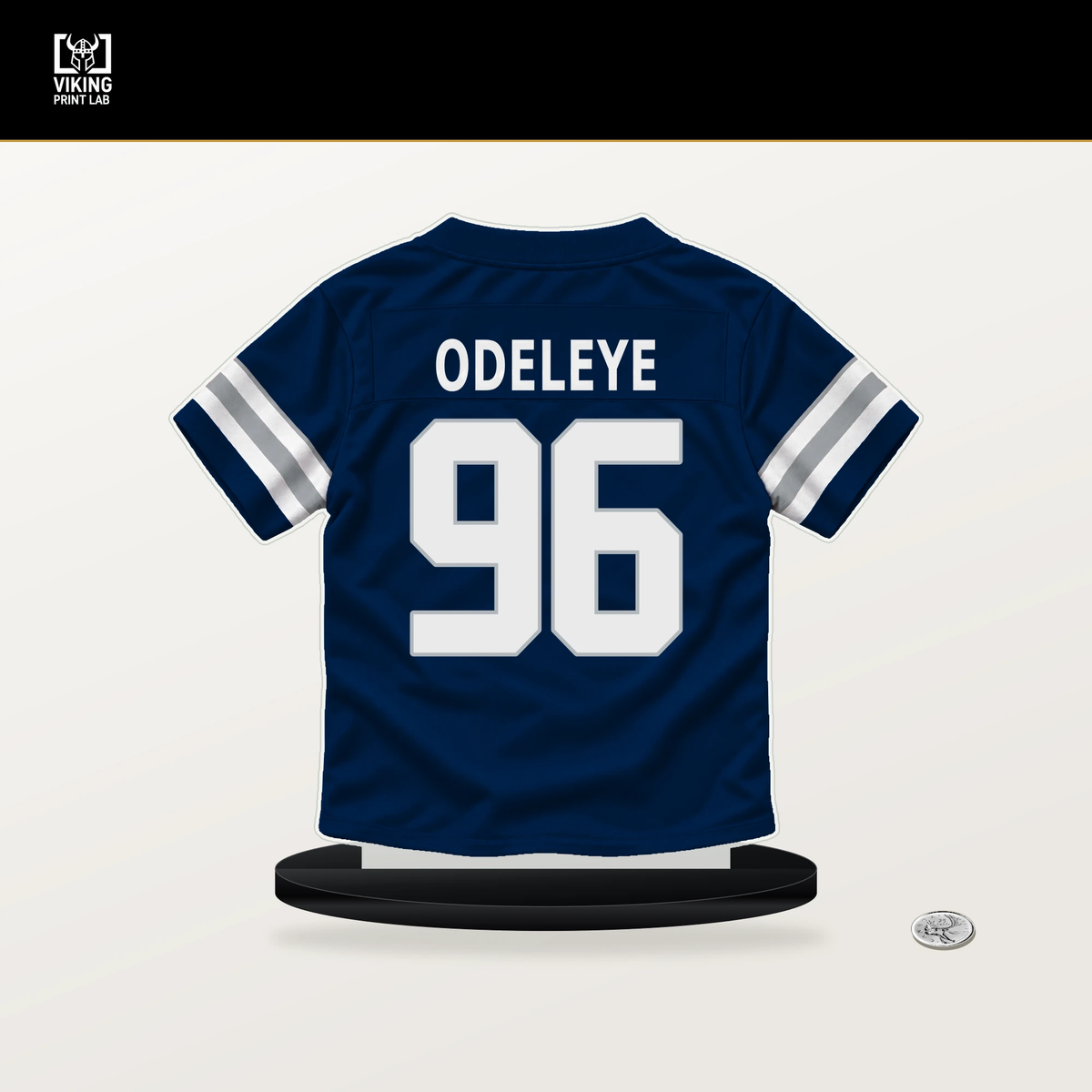 Adedayo Odeleye number 96 Dallas Cowboys jersey stand with included black base.
