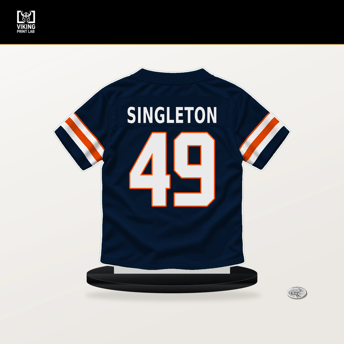 Alex Singleton number 49 Denver Broncos jersey stand with included black base.