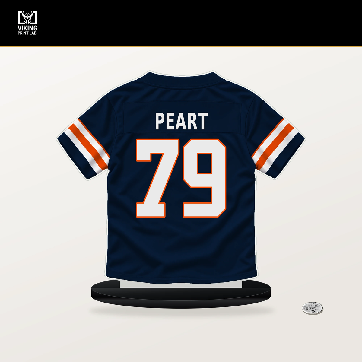 Matt Peart number 79 Denver Broncos jersey stand with included black base.
