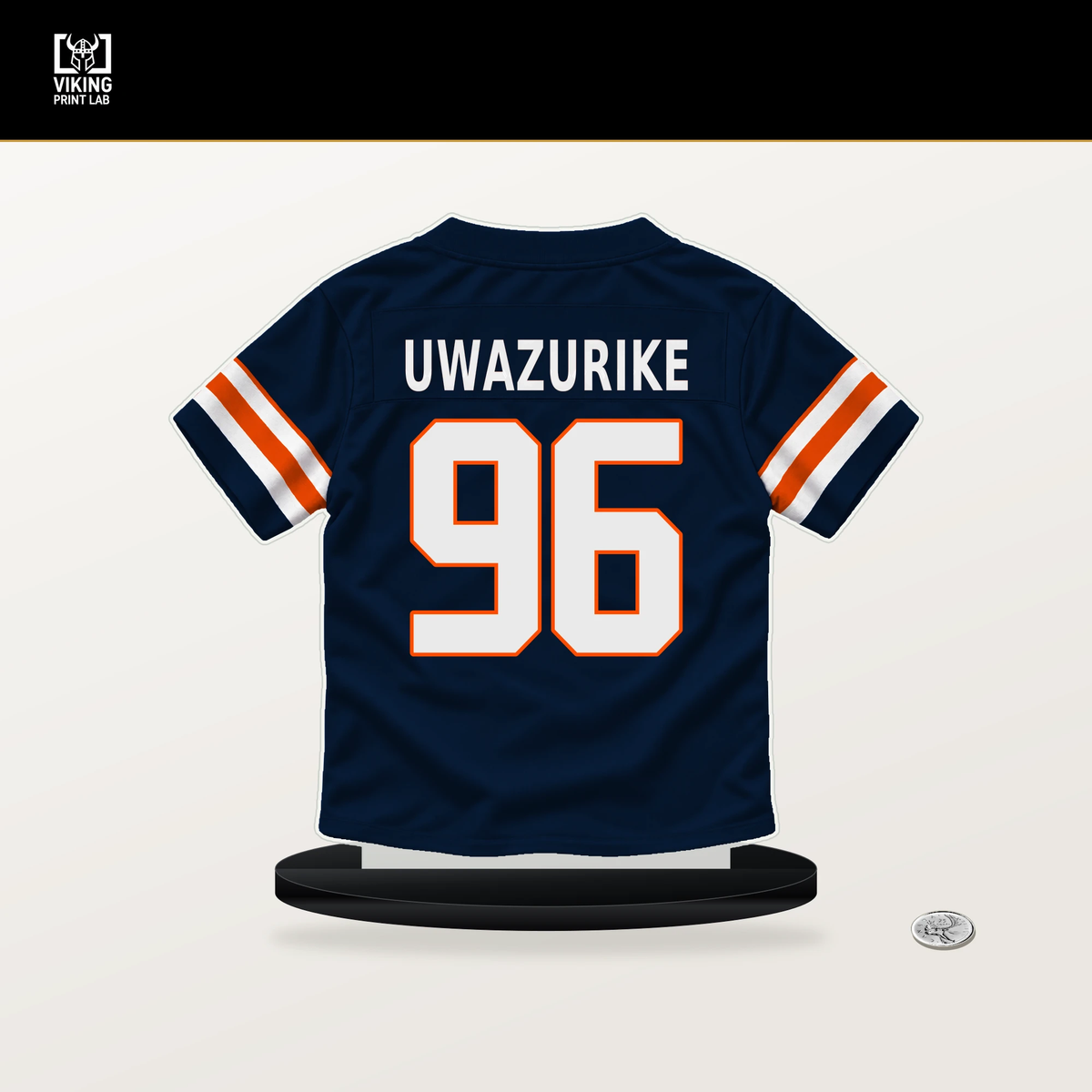 Eyioma Uwazurike number 96 Denver Broncos jersey stand with included black base.