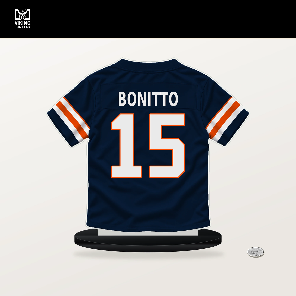Nik Bonitto number 15 Denver Broncos jersey stand with included black base.