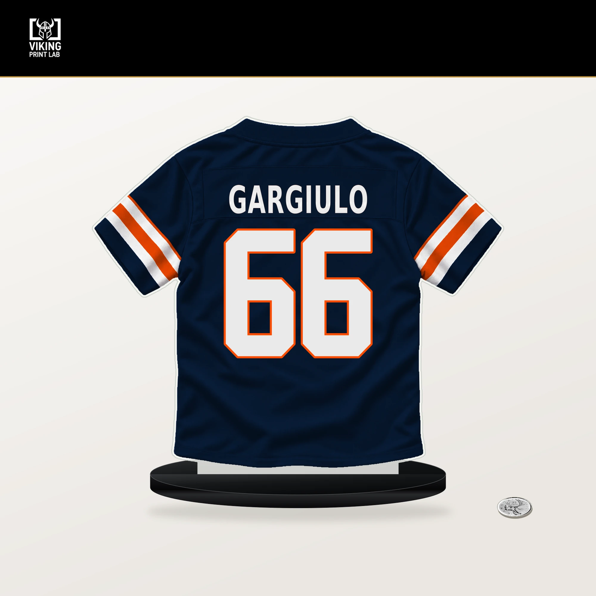 Nick Gargiulo number 66 Denver Broncos jersey stand with included black base.