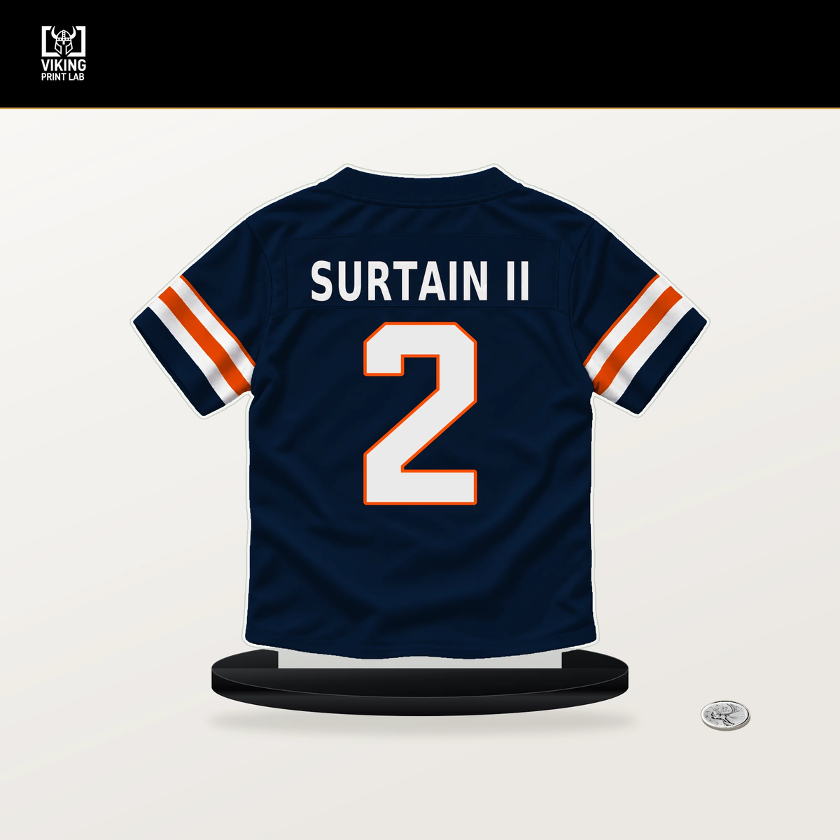 Pat Surtain II number 2 Denver Broncos jersey stand with included black base.