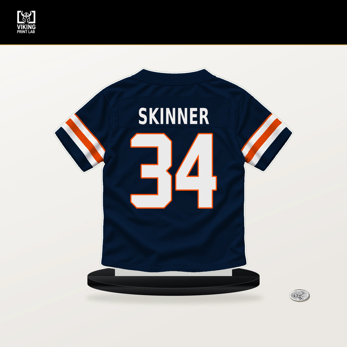 JL Skinner number 34 Denver Broncos jersey stand with included black base.