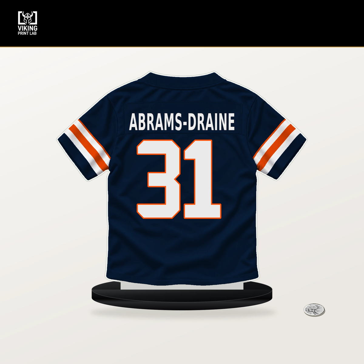 Kris Abrams-Draine number 31 Denver Broncos jersey stand with included black base.