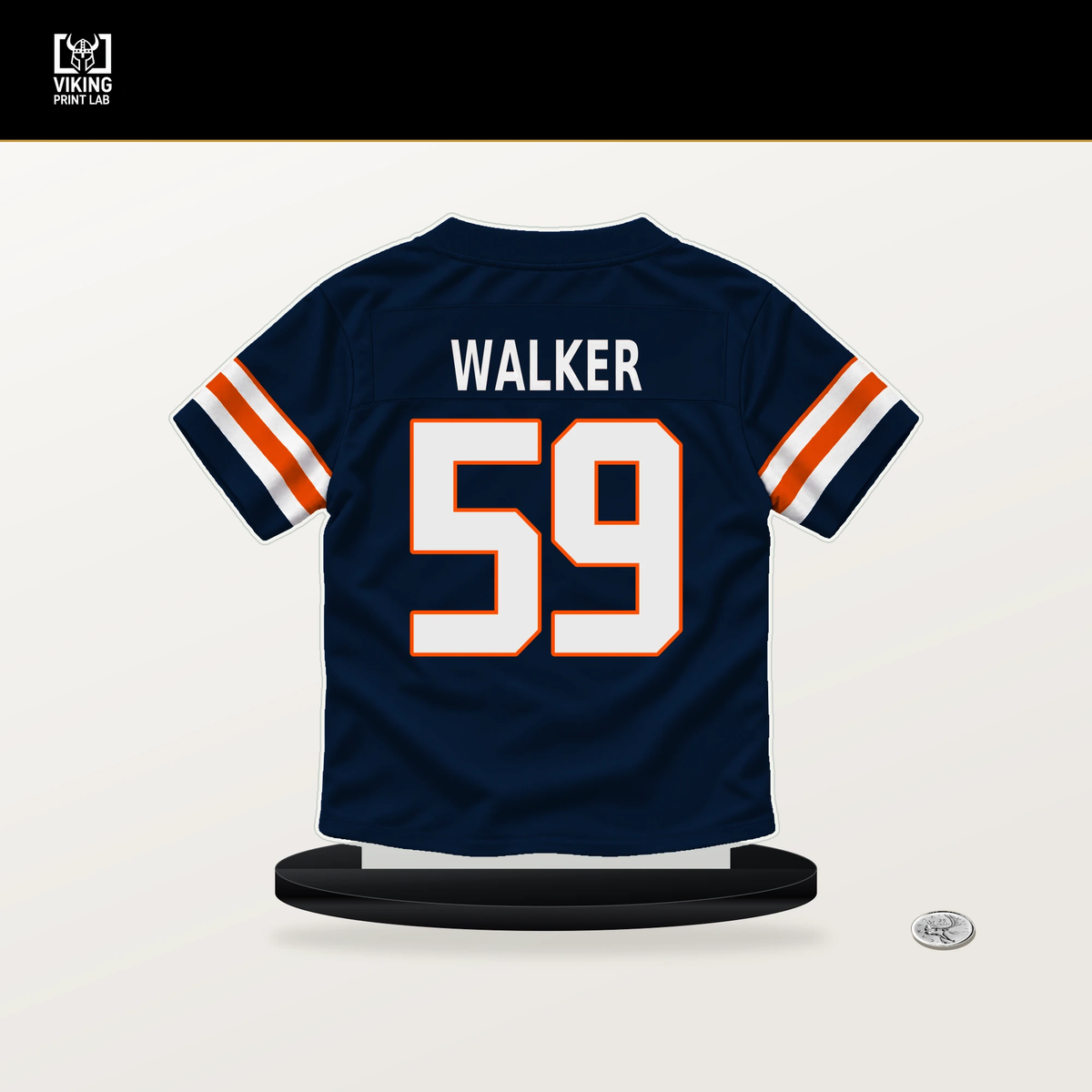 Johnny Walker number 59 Denver Broncos jersey stand with included black base.