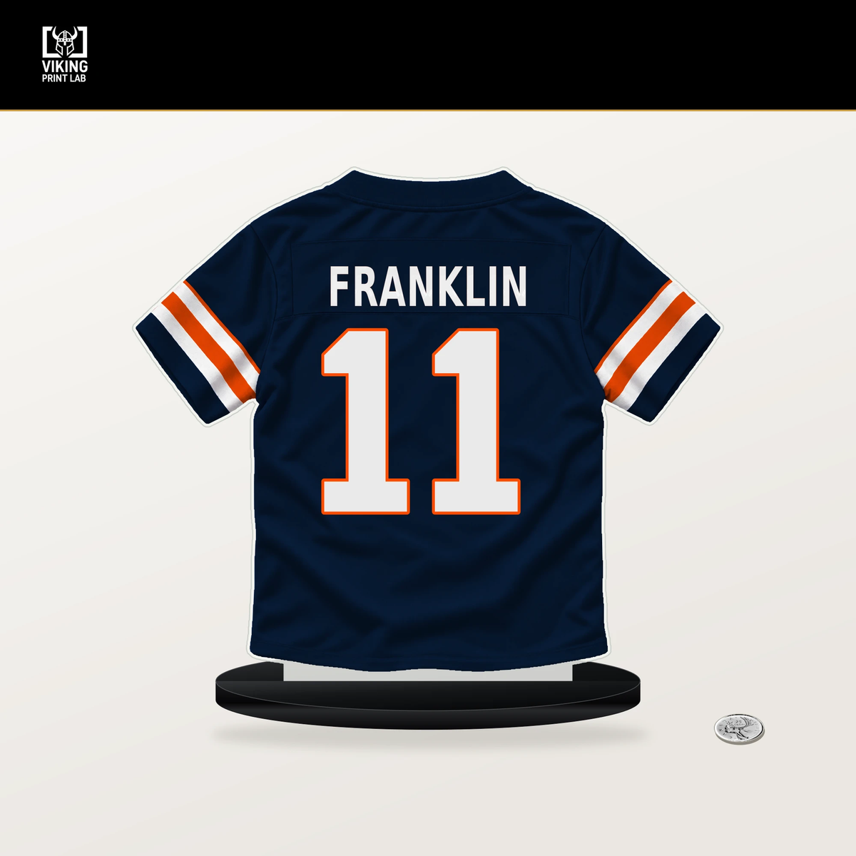 Troy Franklin number 11 Denver Broncos jersey stand with included black base.