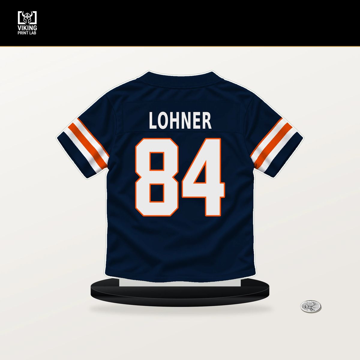 Caleb Lohner number 84 Denver Broncos jersey stand with included black base.