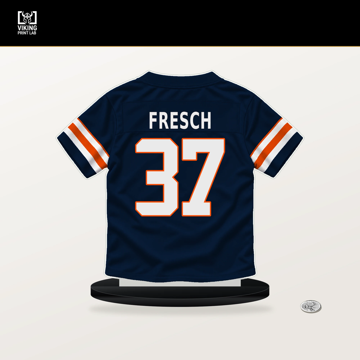 Sean Fresch number 37 Denver Broncos jersey stand with included black base.