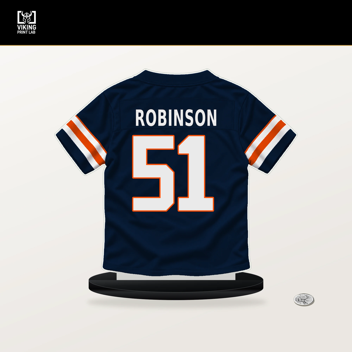 Que Robinson number 51 Denver Broncos jersey stand with included black base.