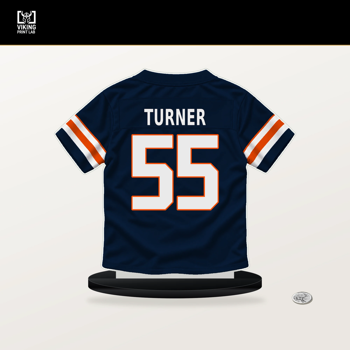 Jordan Turner number 55 Denver Broncos jersey stand with included black base.