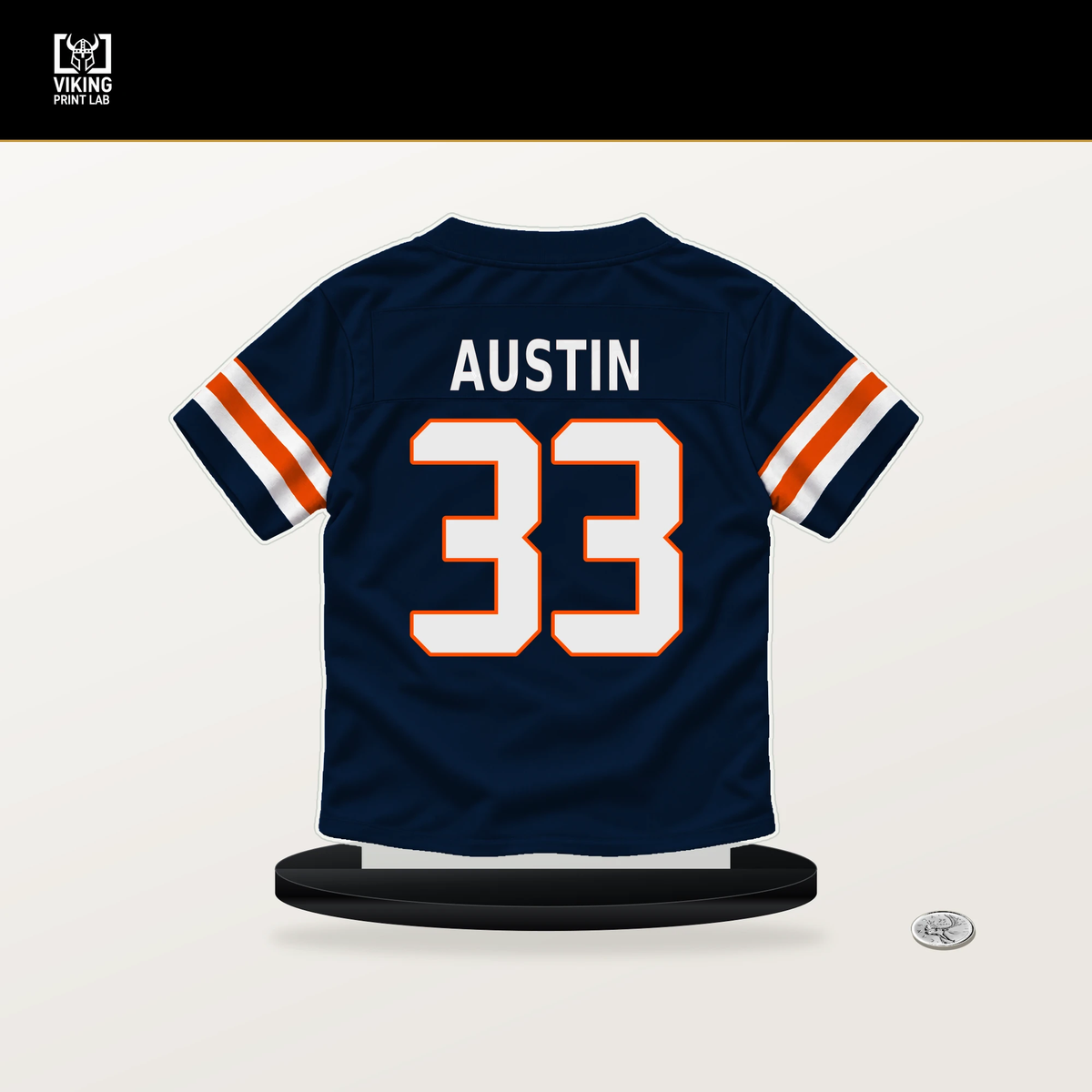 Brent Austin number 33 Denver Broncos jersey stand with included black base.