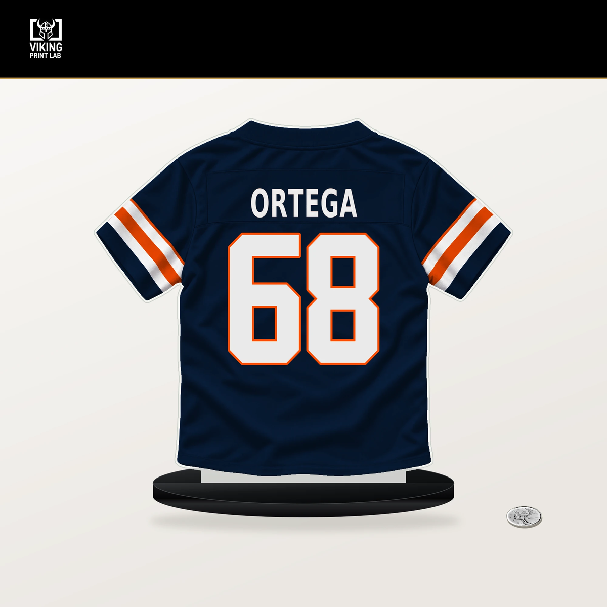 Gavin Ortega number 68 Denver Broncos jersey stand with included black base.