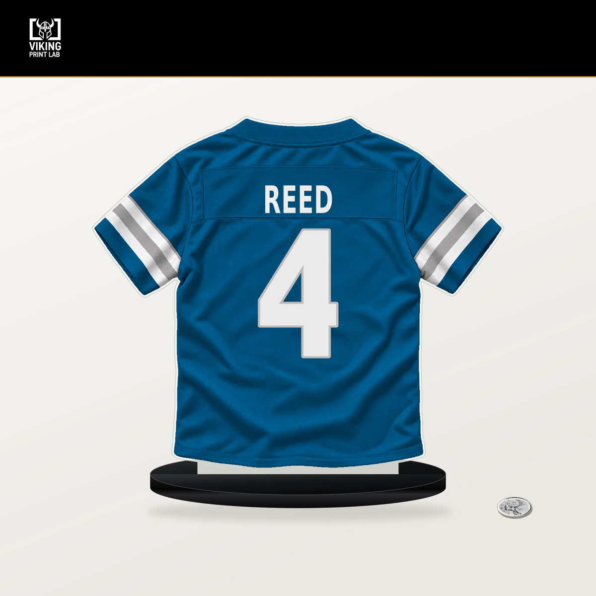 D.J. Reed number 4 Detroit Lions jersey stand with included black base.