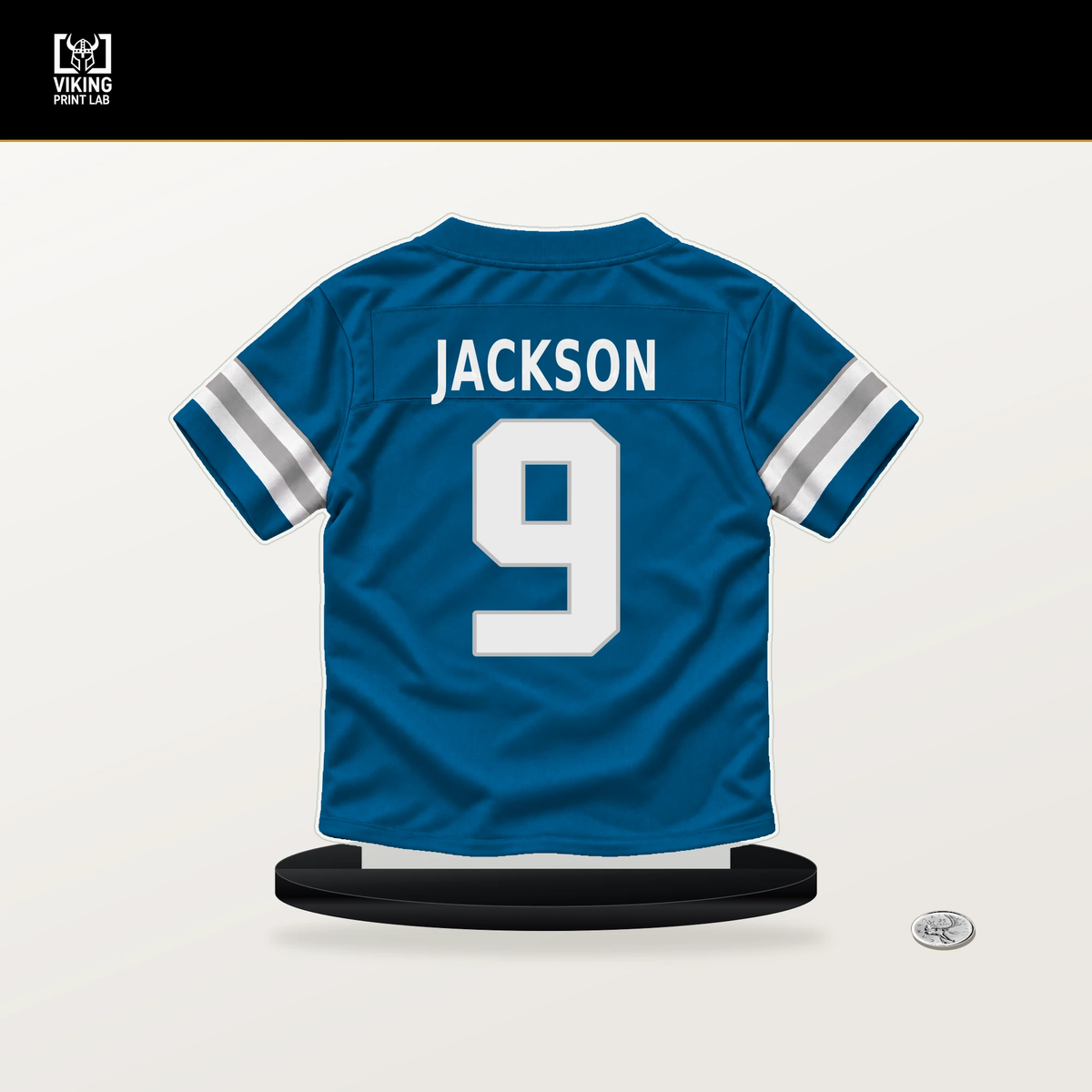 Lucky Jackson number 9 Detroit Lions jersey stand with included black base.