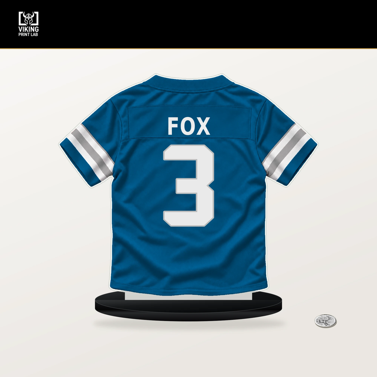 Jack Fox number 3 Detroit Lions jersey stand with included black base.
