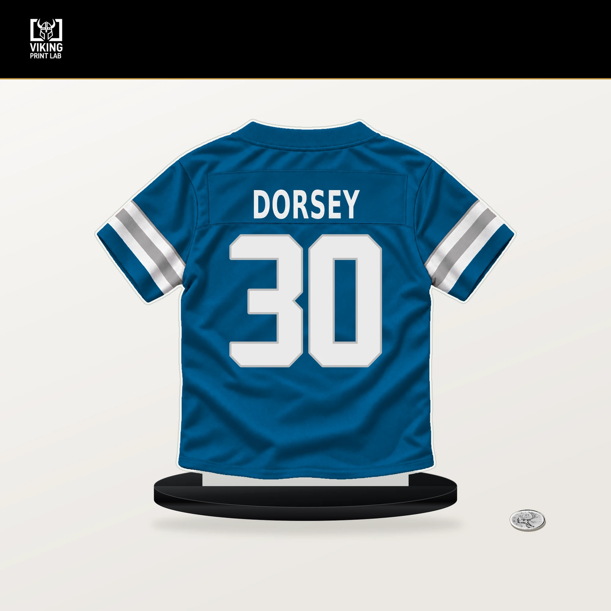 Khalil Dorsey number 30 Detroit Lions jersey stand with included black base.