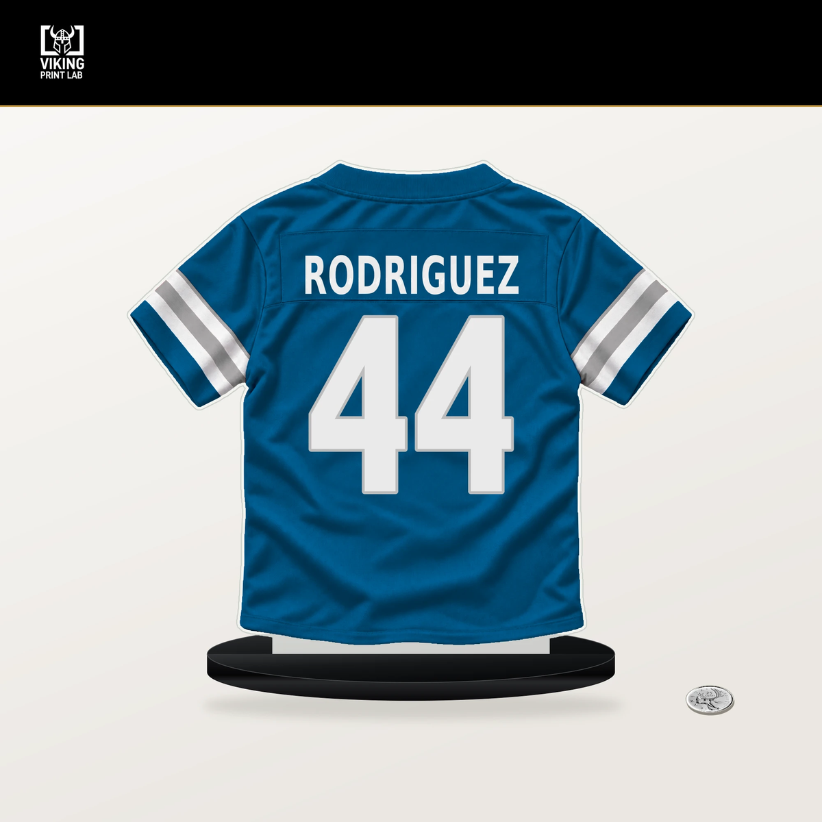 Malcolm Rodriguez number 44 Detroit Lions jersey stand with included black base.