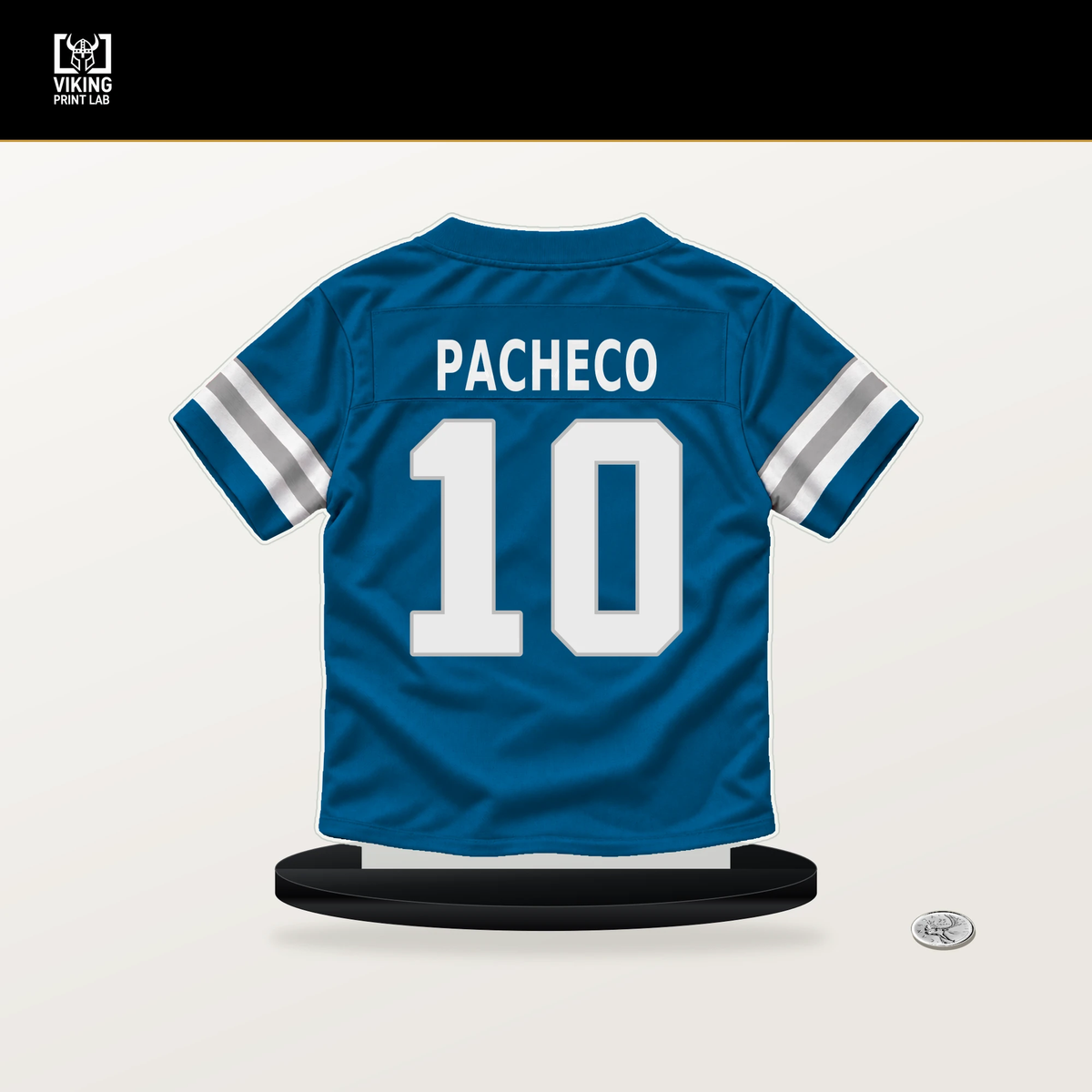 Isiah Pacheco number 10 Detroit Lions jersey stand with included black base.
