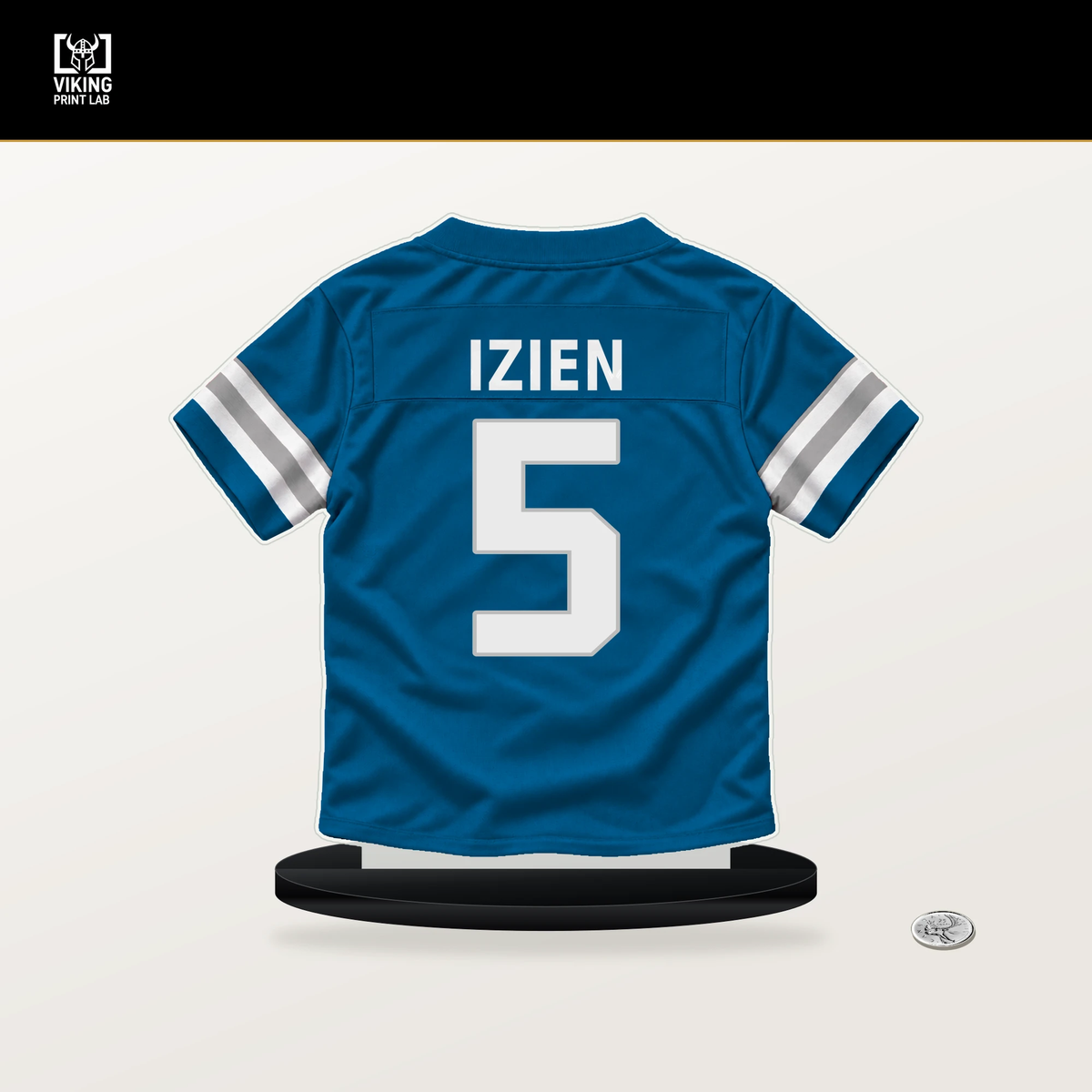 Christian Izien number 5 Detroit Lions jersey stand with included black base.