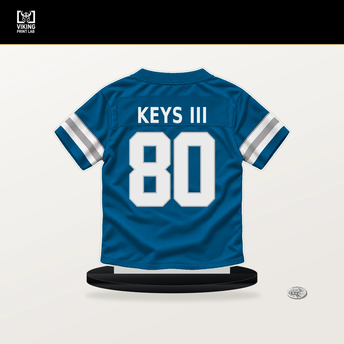 Lawrence Keys III number 80 Detroit Lions jersey stand with included black base.