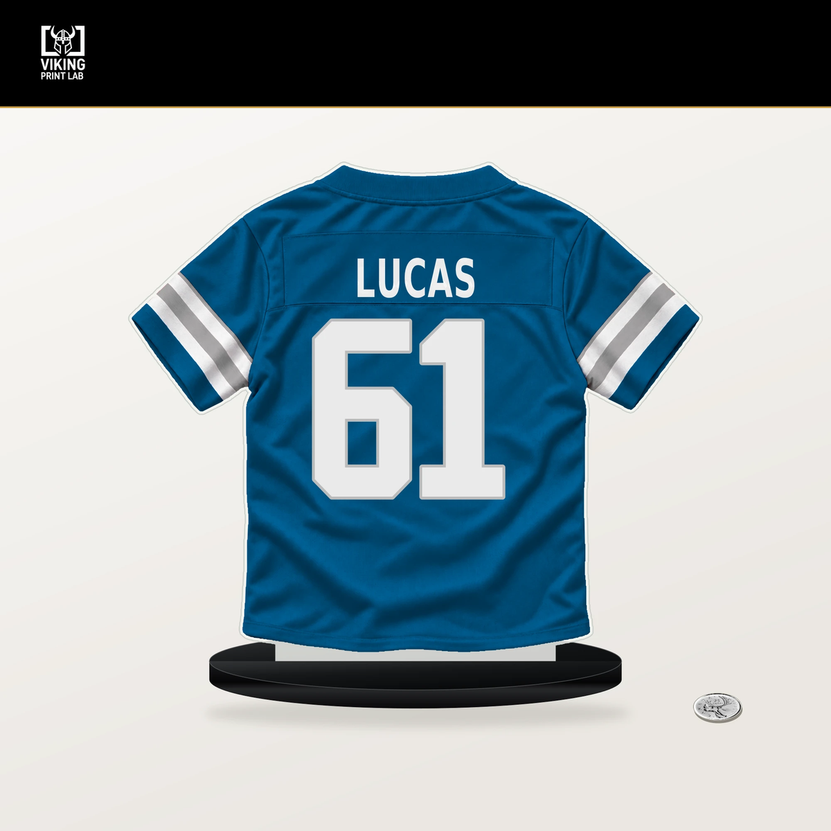 Anthony Lucas number 61 Detroit Lions jersey stand with included black base.