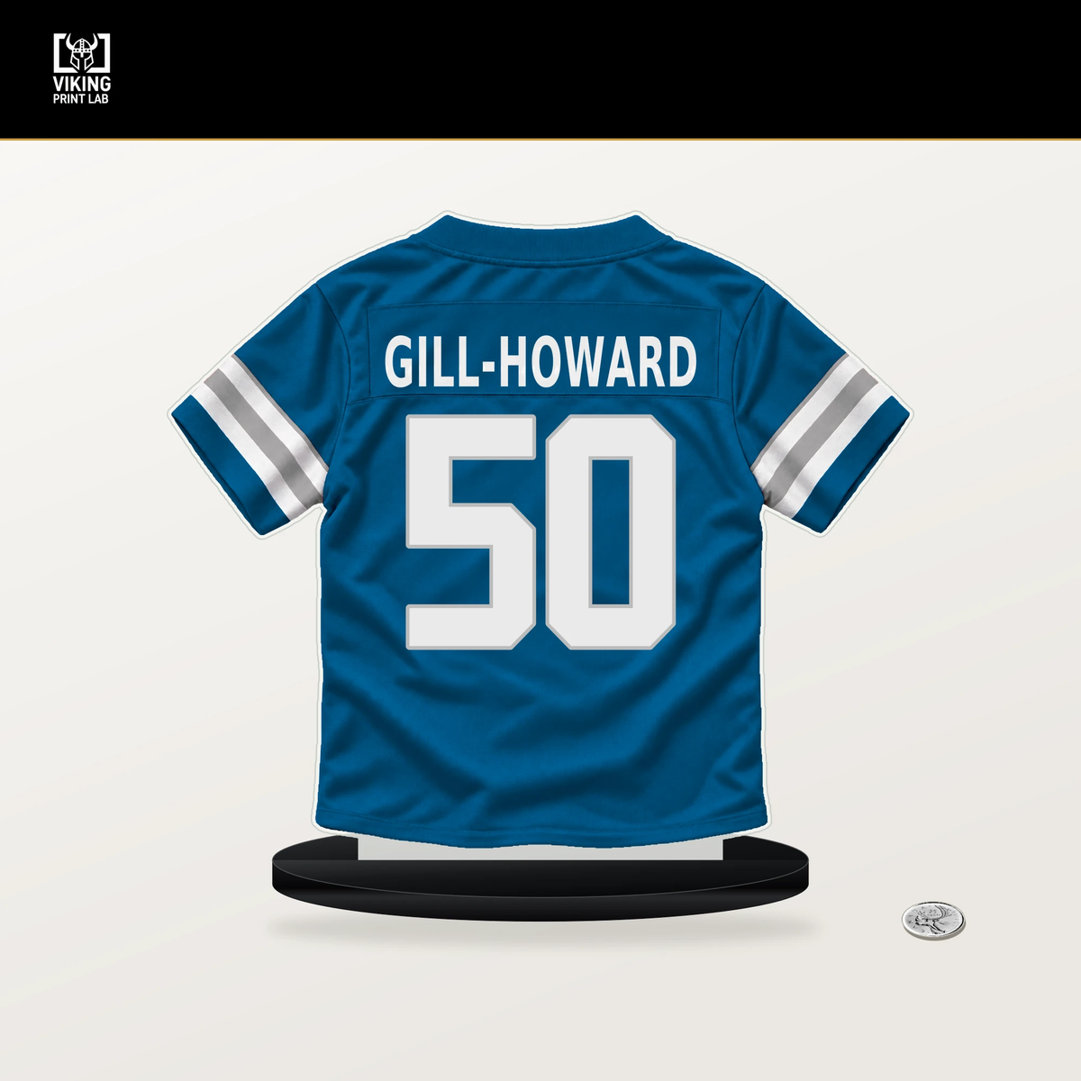 Skyler Gill-Howard number 50 Detroit Lions jersey stand with included black base.