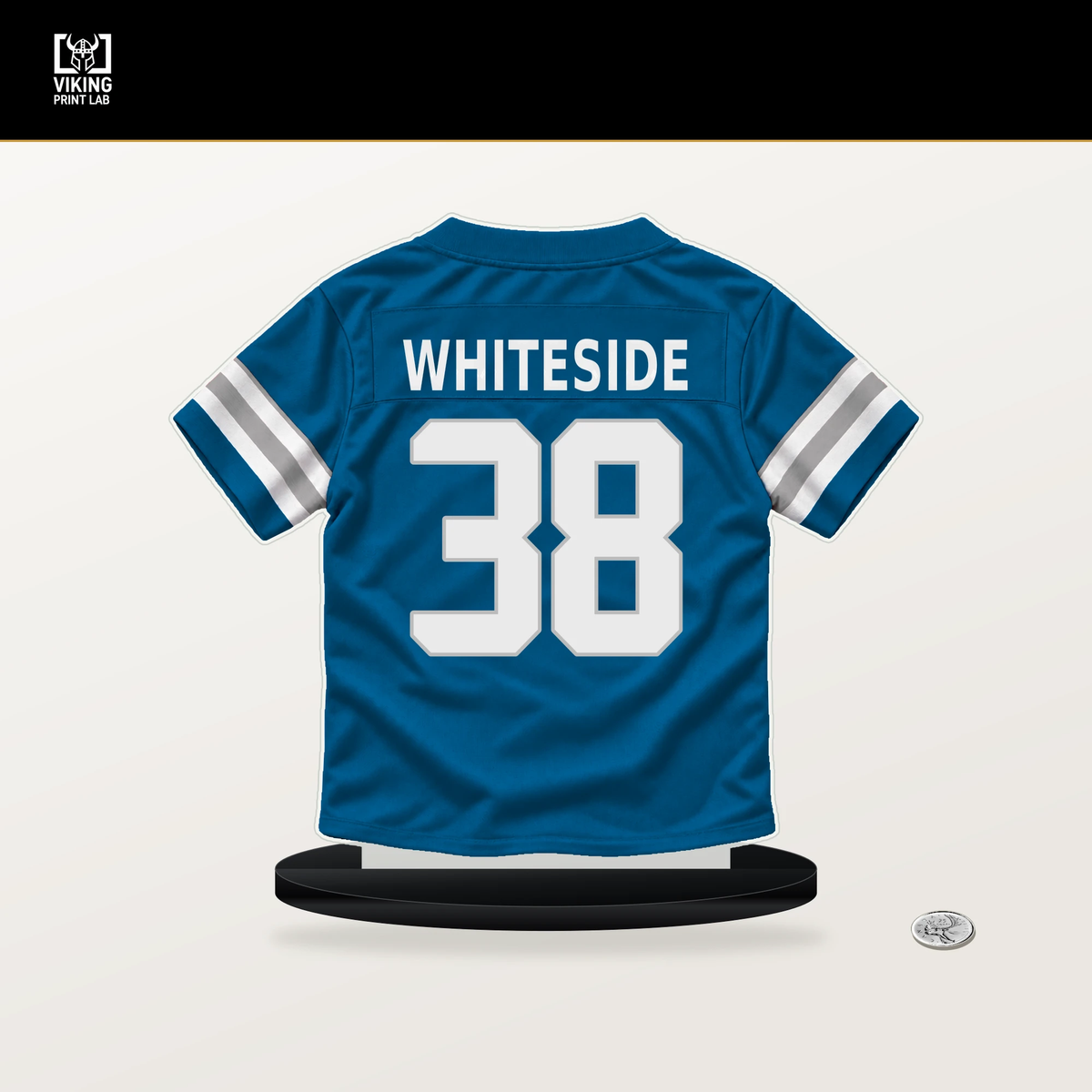 Nick Whiteside number 38 Detroit Lions jersey stand with included black base.