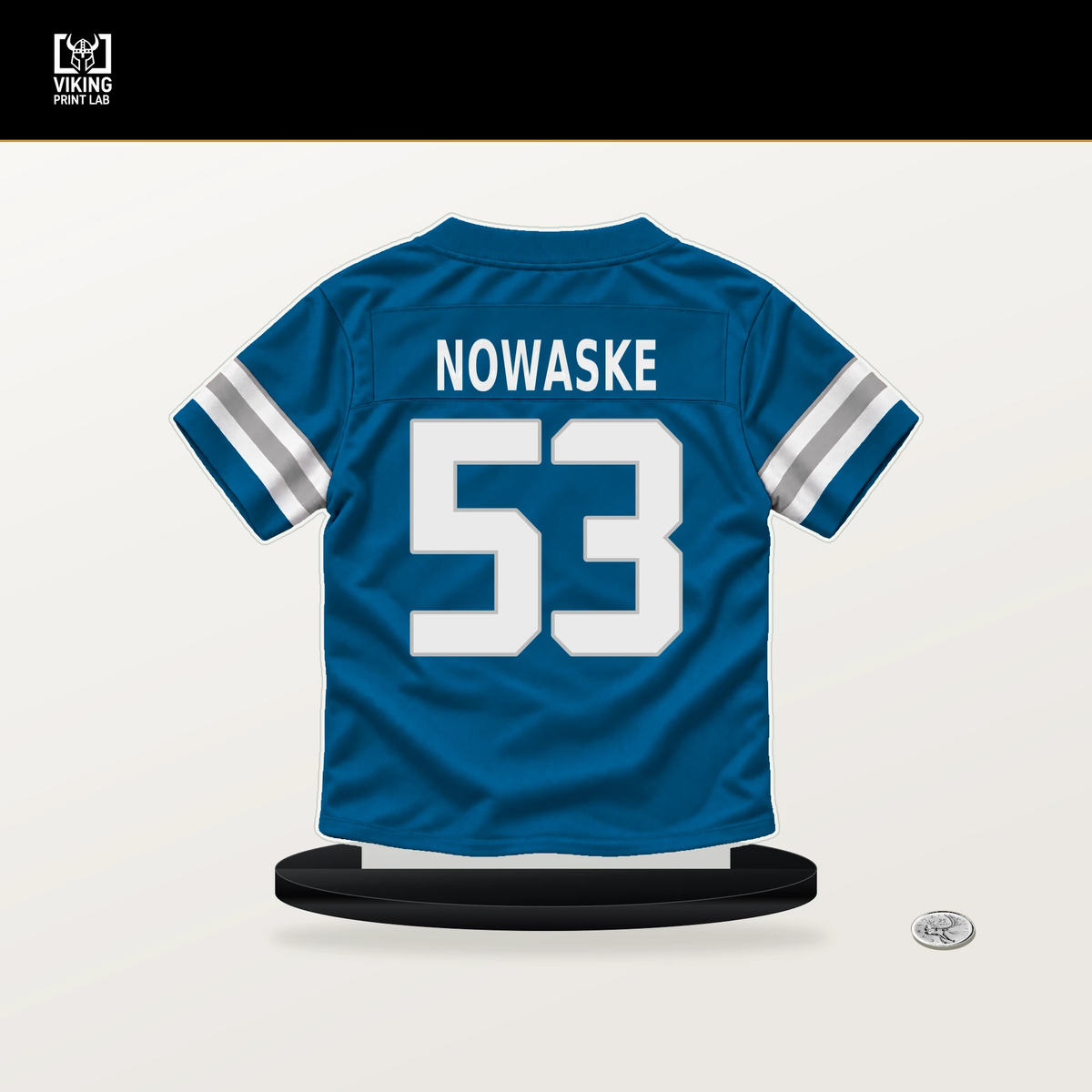 Trevor Nowaske number 53 Detroit Lions jersey stand with included black base.