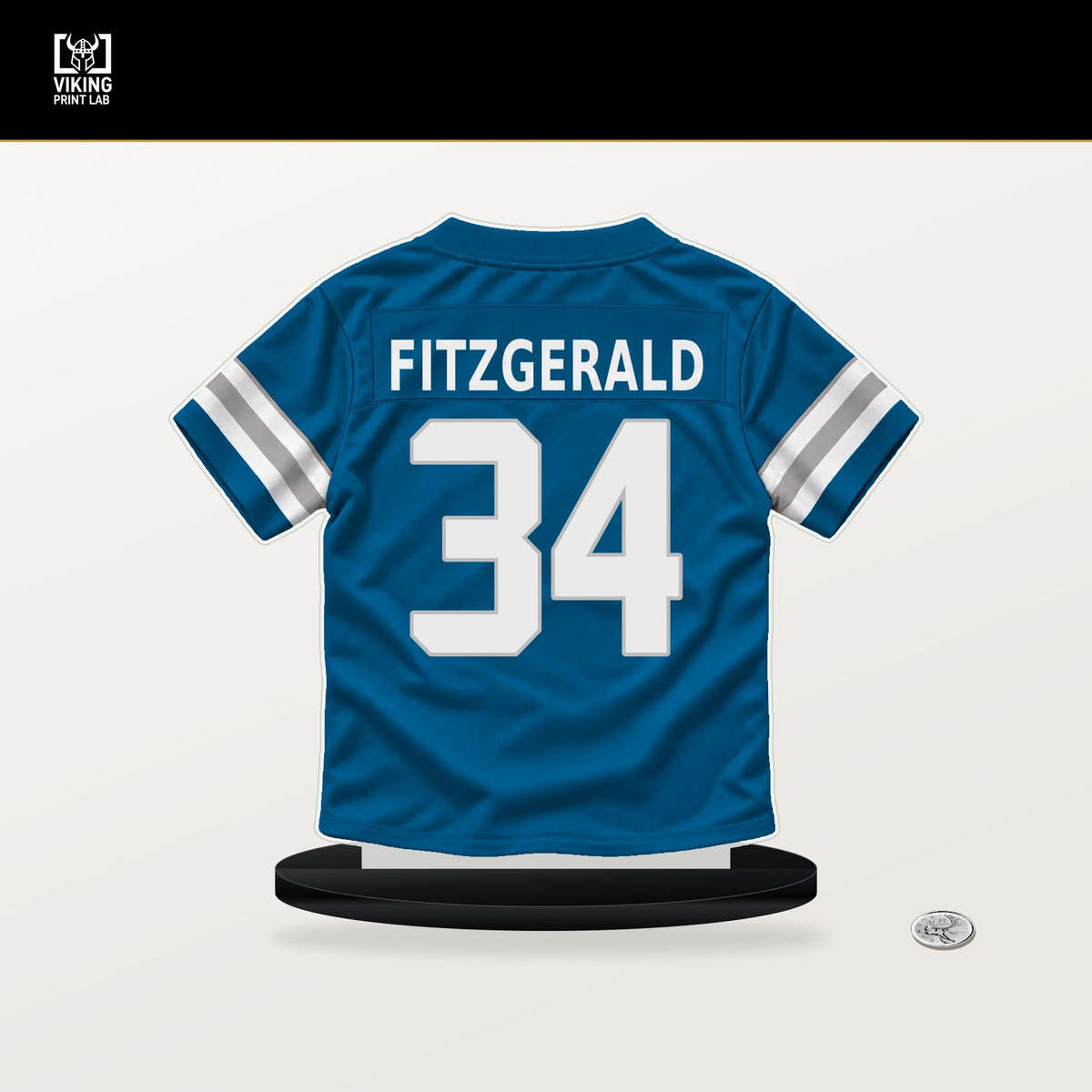 Bishop Fitzgerald number 34 Detroit Lions jersey stand with included black base.