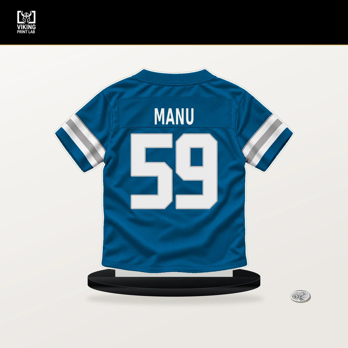 Giovanni Manu number 59 Detroit Lions jersey stand with included black base.
