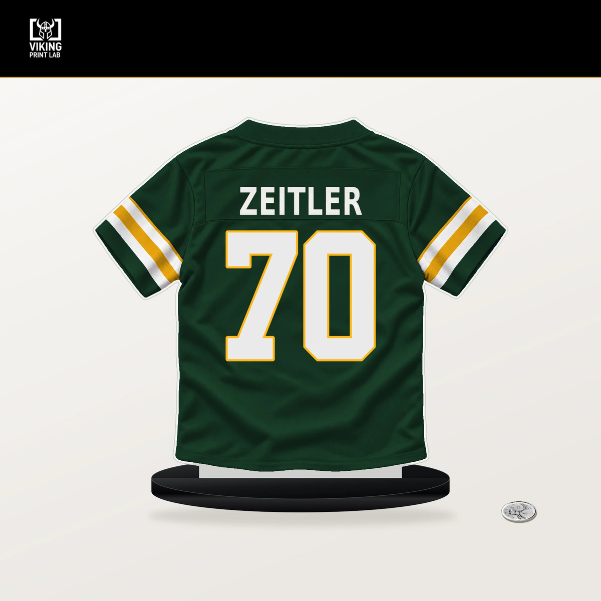 Kevin Zeitler number 70 Green Bay Packers jersey stand with included black base.