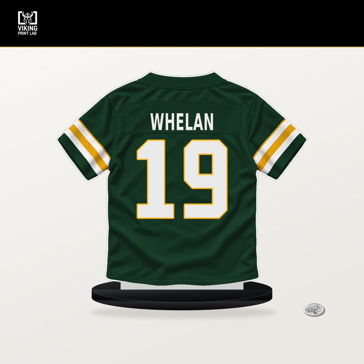 Daniel Whelan number 19 Green Bay Packers jersey stand with included black base.