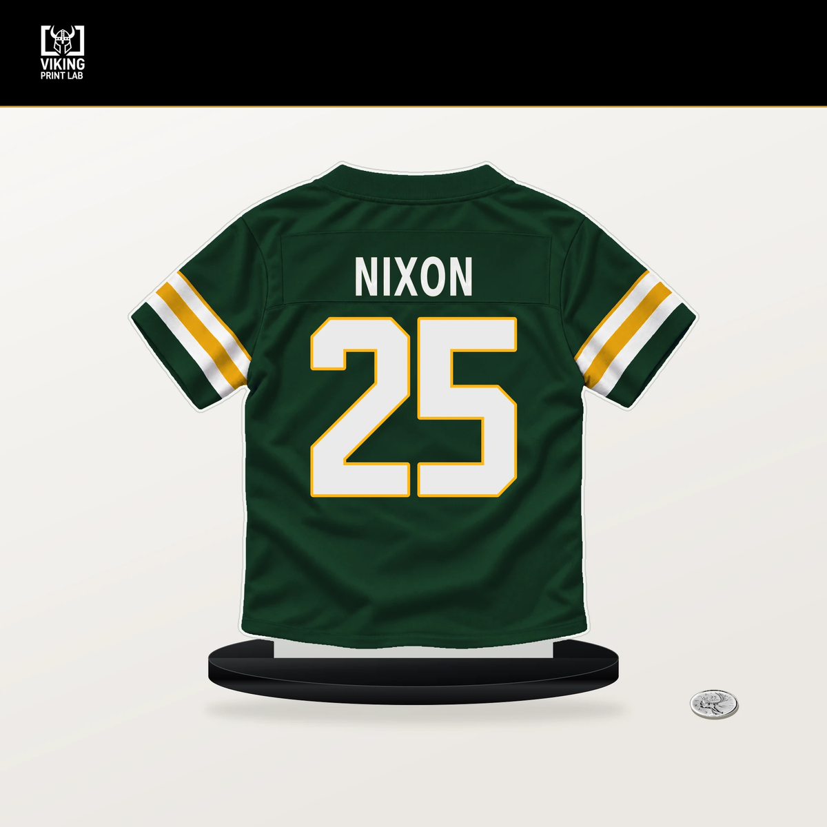 Keisean Nixon number 25 Green Bay Packers jersey stand with included black base.