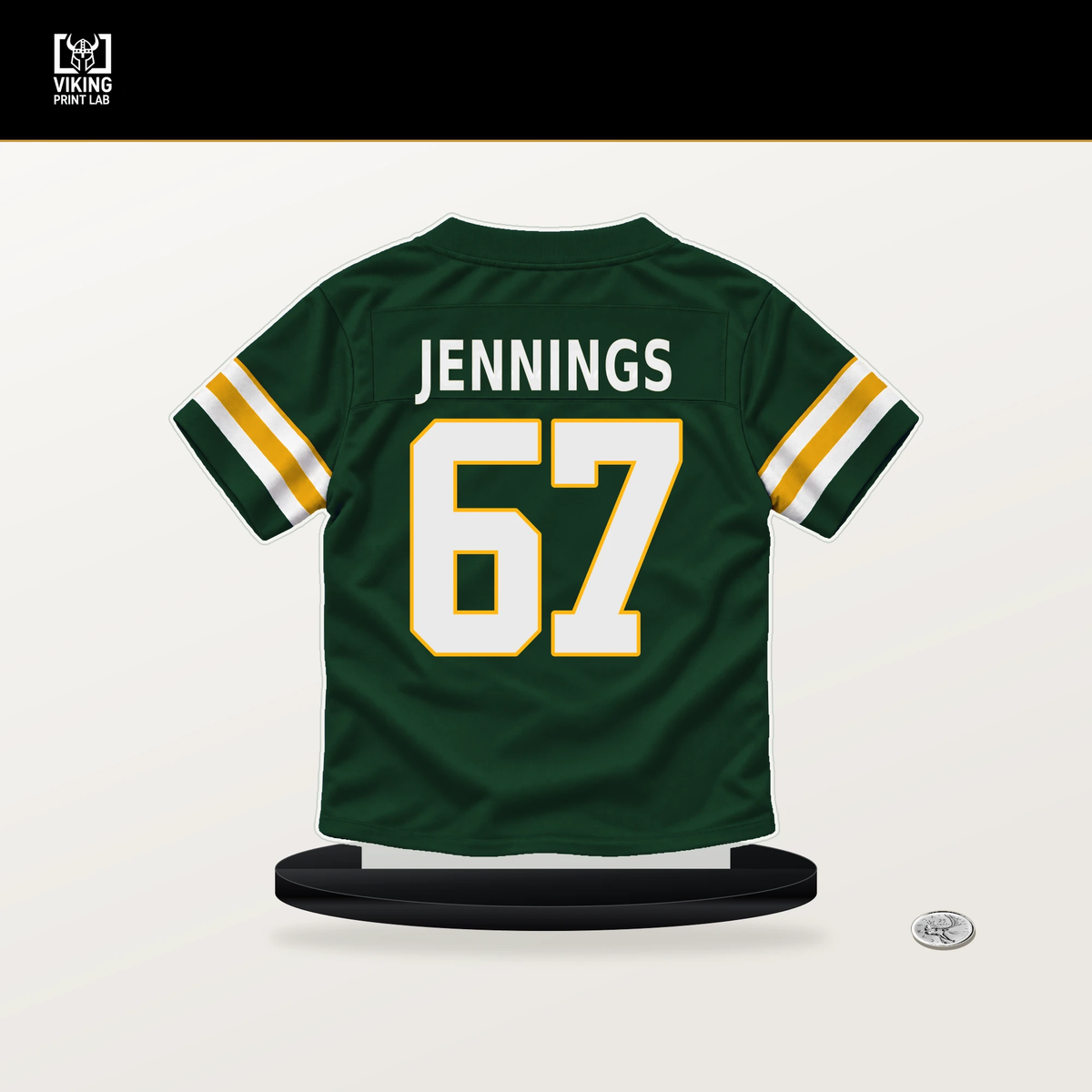 Donovan Jennings number 67 Green Bay Packers jersey stand with included black base.