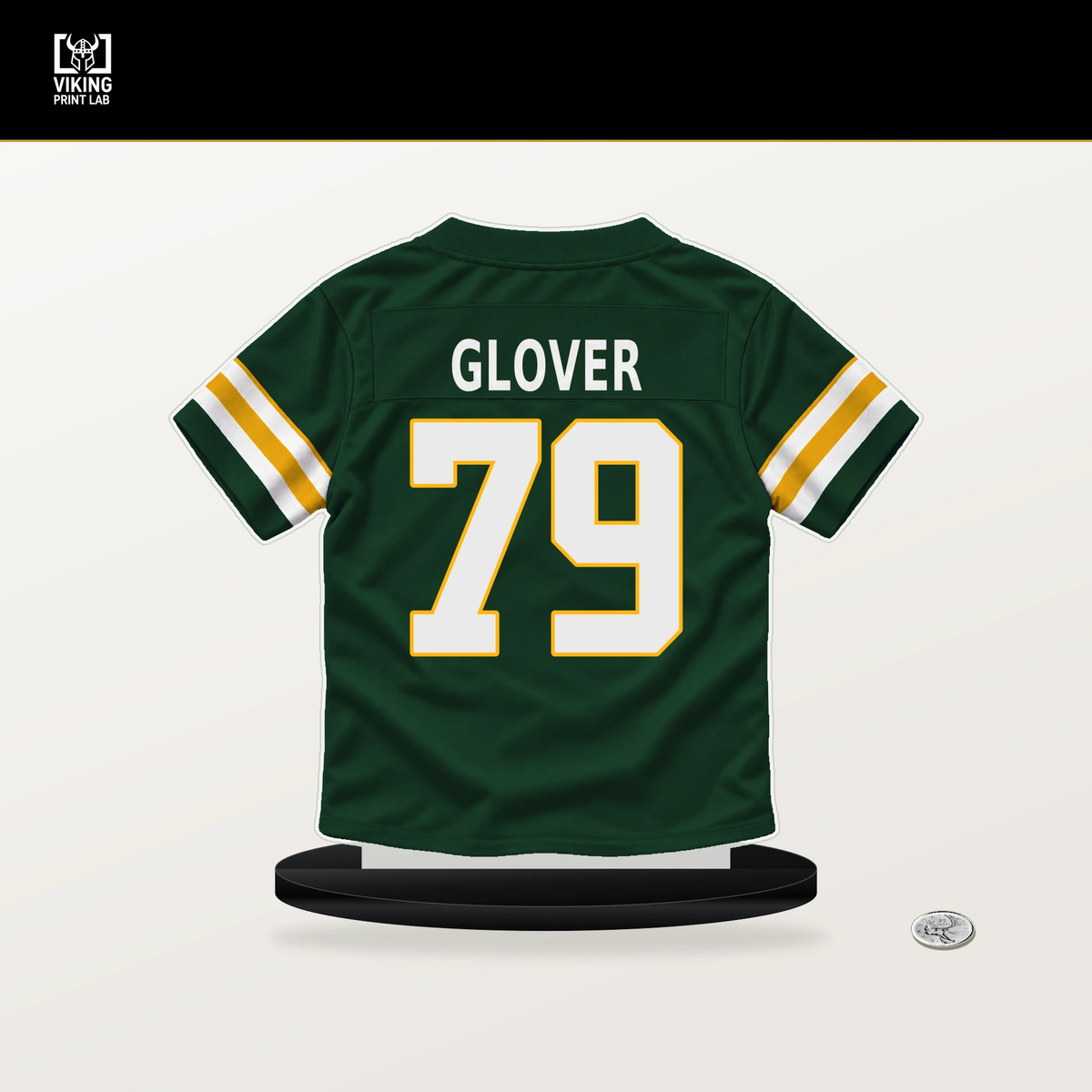 Travis Glover number 79 Green Bay Packers jersey stand with included black base.
